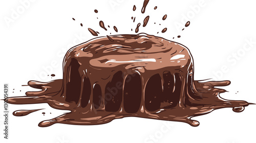 A digital illustration depicting a round chocolate cake with melted chocolate flowing down its sides and pooling on a white background. The chocolate is a rich, dark brown.  There are splashes of