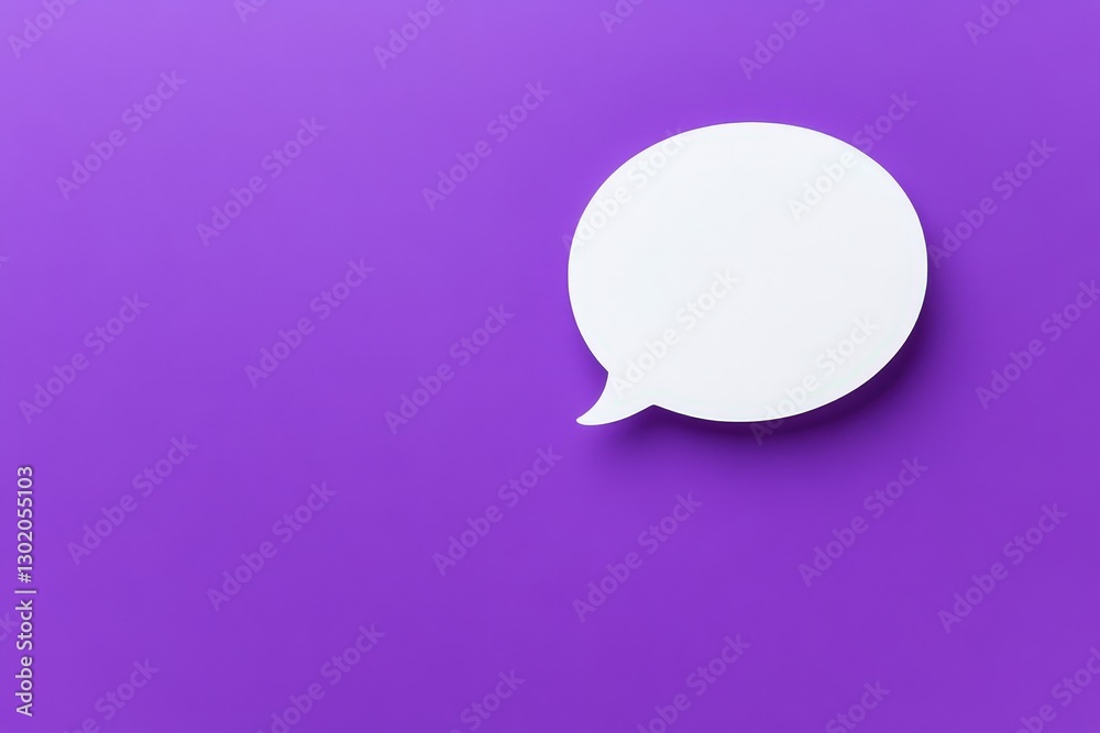 A white speech bubble rests on a purple background surface A white speech bubble rests on a purple background surface