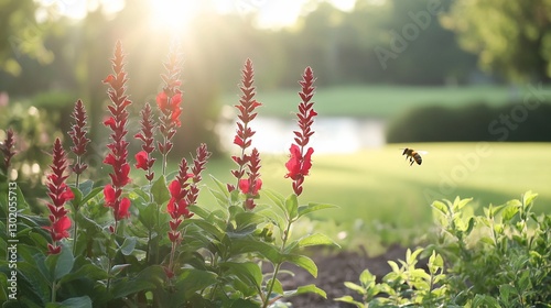 Bee flying towards red flowers at sunset
