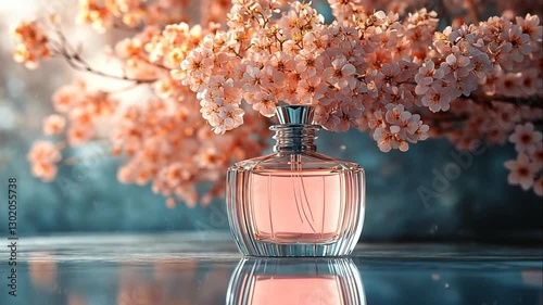 Perfume bottle with delicate pink blossoms, bathed in soft sunlight on a reflective surface.
