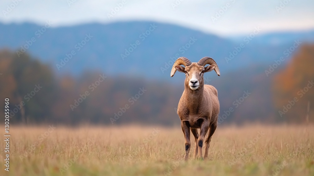 Naklejka premium Bighorn sheep approaching in autumn meadow