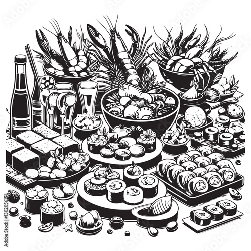 Festive seafood dishes food cooked modern delicacies with a presentation on the plate. Delicious dishes: salads and soups of shrimp, crab, mussels, baked fish, rolls, sushi, octopus vector