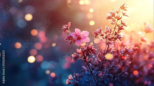 Pink flowers in sunset light bokeh background.