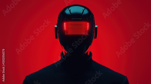 A futuristic robot figure with a glowing red visor stands against a vivid red background, exuding a sci-fi aesthetic.