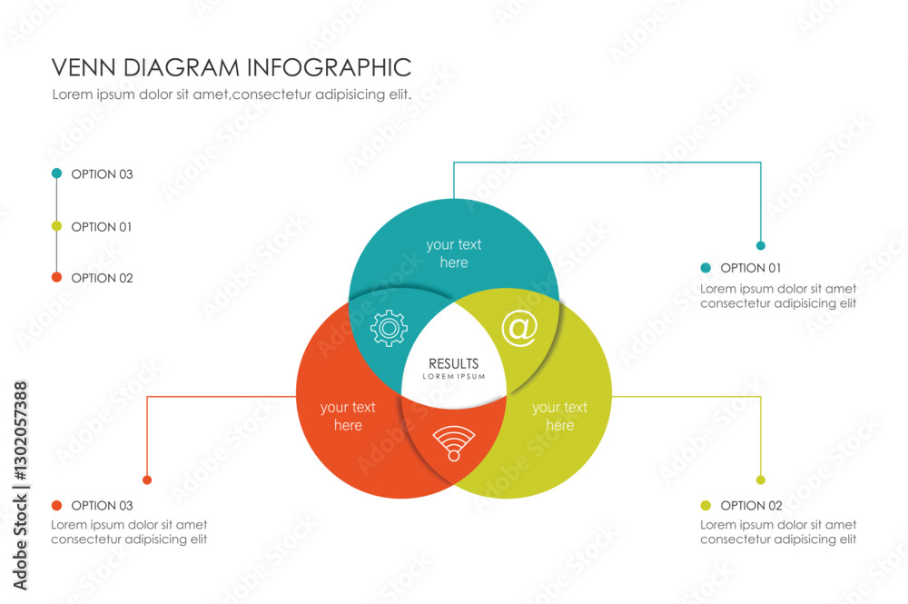 Infographic Venn diagram chart template for business 3 parts, options, presentation with venn diagram elements vector illustration.