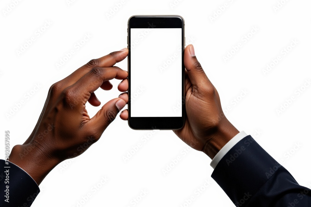 Close-up of a Young Adult Black Male's Hands Holding a Smartphone, Isolated on a White Background, Ideal for Displaying Digital Technology or Communication Concepts Close-up of a Young Adult Black Male's Hands Holding a Smartphone, Isolated on a White Background, Ideal for Displaying Digital Technology or Communication Concepts