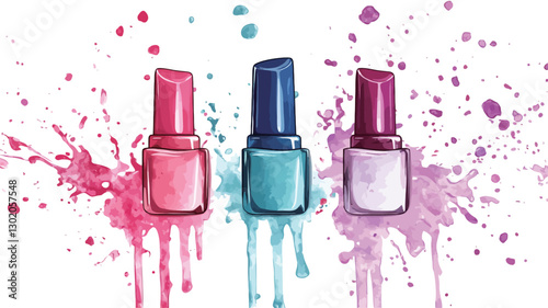 An illustration depicting three nail polish bottles in pink, blue, and purple hues.  Each bottle is slightly tilted and has drips of polish running down from the opened cap.  The bottles are
