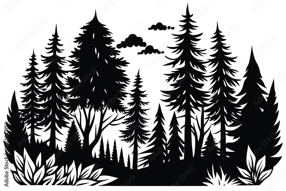 Obraz premium Mountain Forest Tree Landscape Silhouette Vector