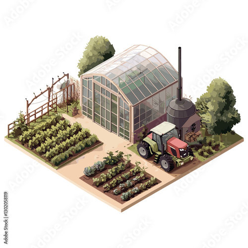 Isometric Vegetable Garden with Greenhouse and Crops