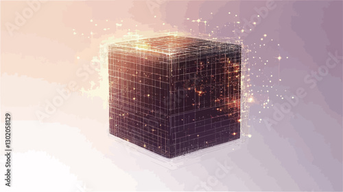 The image depicts a dark-colored, three-dimensional cube rendered in a style that suggests depth and texture. The cube is centrally positioned against a soft, light-purple gradient background.  The