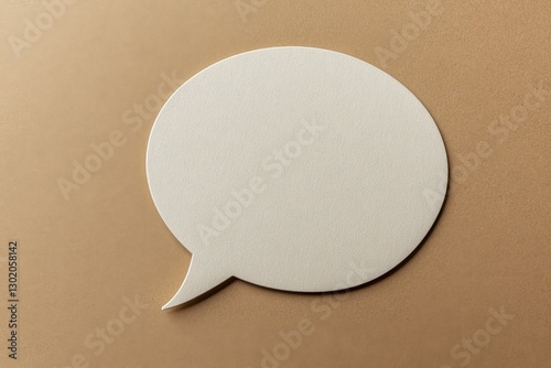 A large white speech bubble is displayed on a tan background