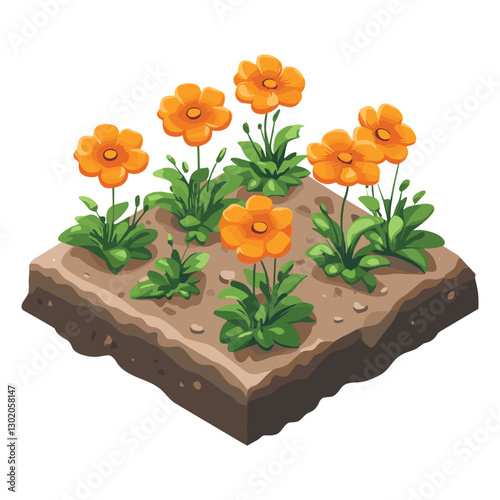 Isometric Garden Bed with Blooming Yellow Flowers