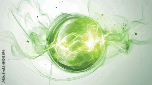 The image showcases a central, translucent, bright green orb emitting a luminous glow.  Thin, light green, translucent trails emanate from the orb, swirling dynamically around it. The background is