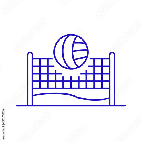 Volleyball icon with ball and net, symbolizes sports and teamwork, blue outline, modern design