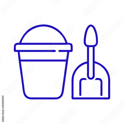 Sand bucket and shovel icon, blue outline, modern design