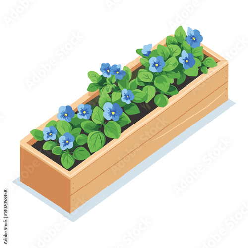Isometric Wooden Planter Box with Blue Flowers