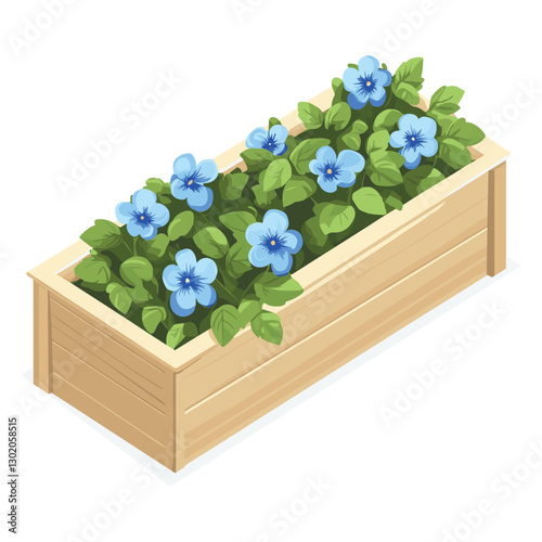 Isometric Garden Planter with Blooming Blue Flowers