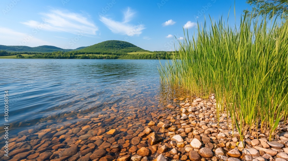 Calm lake shore, pebble beach, summer hills Calm lake shore, pebble beach, summer hills