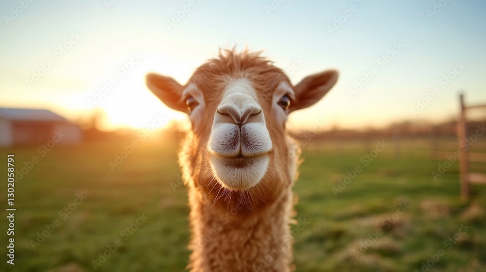 Camel sunset portrait, farm field background Camel sunset portrait, farm field background