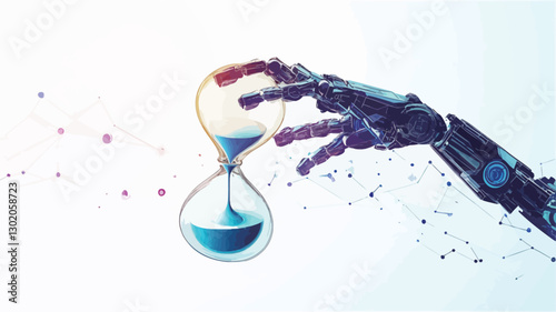 A digital illustration depicting a metallic robotic hand interacting with a blue hourglass. The background features a soft white gradient with dispersed digital particles. The robotic hand is