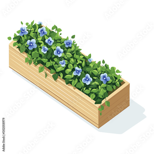 Isometric Rectangular Planter Box with Blue Flowers