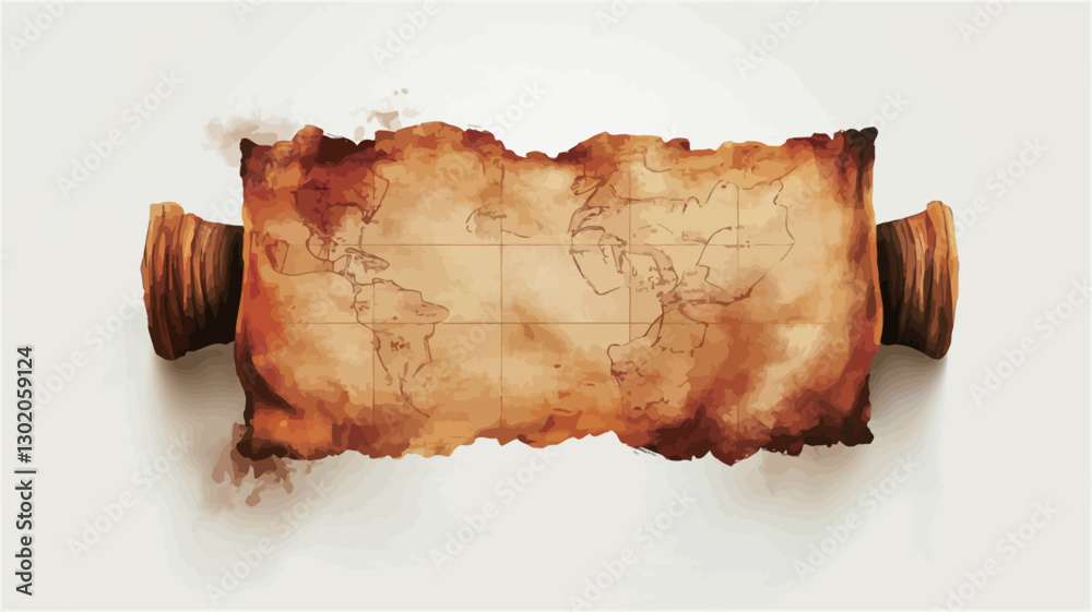 Fototapeta premium High-angle, close-up view of an antique-looking paper scroll. The scroll is light brown with darker brown, burned edges. The paper shows signs of age and wear. The scroll is unfurled, revealing a