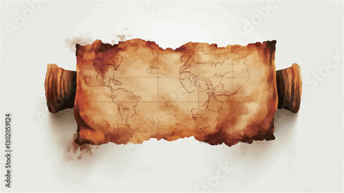 High-angle, close-up view of an antique-looking paper scroll. The scroll is light brown with darker brown, burned edges. The paper shows signs of age and wear.  The scroll is unfurled, revealing a