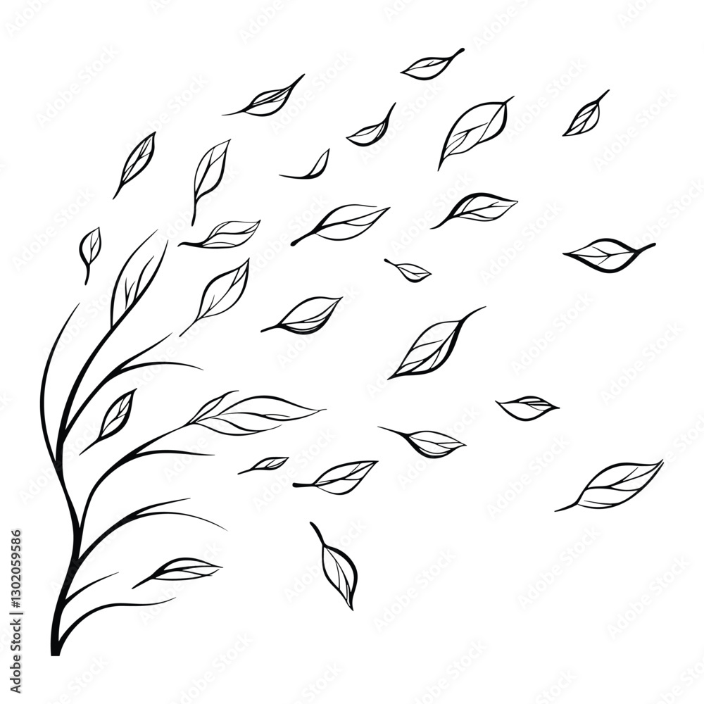 Fototapeta premium Hand-Drawn Falling Leaves in Black and White