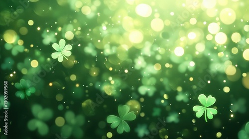 abstract background with soft, glowing shamrocks in various shades of green, layered with a subtle bokeh effect and light sparkles, creating a magical and festive ambiance.