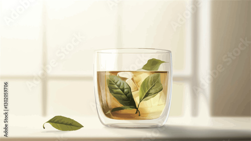 Close-up studio shot of a glass of iced tea. The tea is light amber in color and contains visible tea leaves. The glass is double-walled and transparent, allowing the light to pass through.  Two