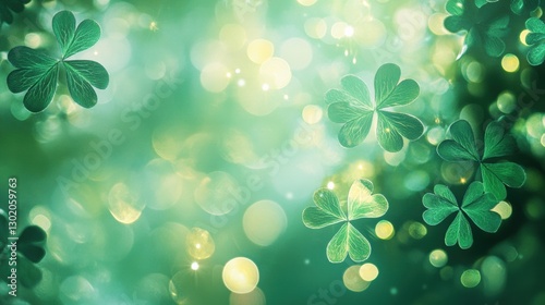 abstract background with soft, glowing shamrocks in various shades of green, layered with a subtle bokeh effect and light sparkles, creating a magical and festive ambiance.