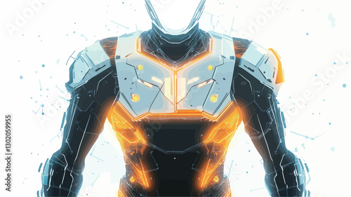 Digital illustration of a humanoid figure clad in futuristic, glowing armor. The armor is primarily shades of orange, blue, and gray, with bright glowing accents. The background is a bright white