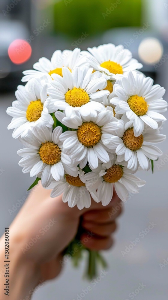 Hand Holding Bouquet of Daisies Outdoors on Blurred Background Hand Holding Bouquet of Daisies Outdoors on Blurred Background