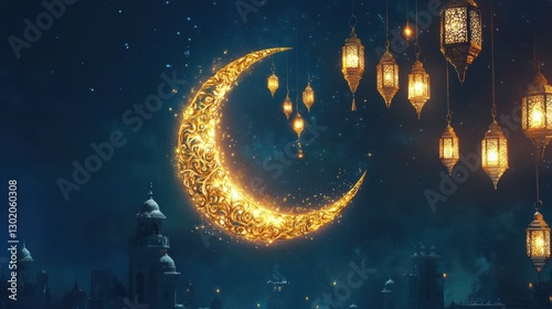 elegant golden crescent moon with intricate Islamic patterns, surrounded by glowing lanterns hanging softly against a deep blue night sky with subtle stars.