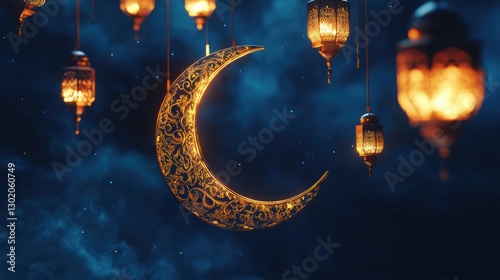 elegant golden crescent moon with intricate Islamic patterns, surrounded by glowing lanterns hanging softly against a deep blue night sky with subtle stars.