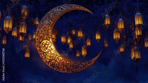 elegant golden crescent moon with intricate Islamic patterns, surrounded by glowing lanterns hanging softly against a deep blue night sky with subtle stars.