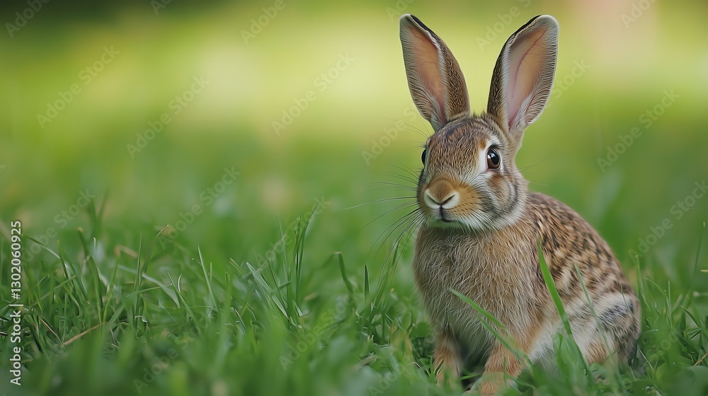 Wild Rabbit Sitting Alertly in Lush Green Grass Wild Rabbit Sitting Alertly in Lush Green Grass