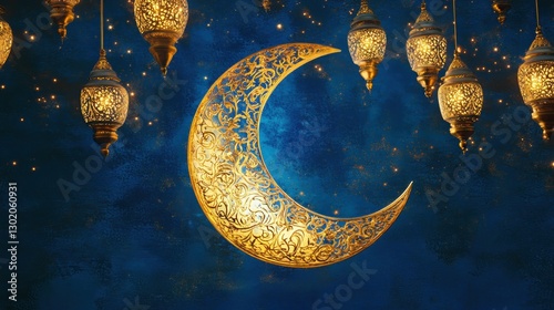 elegant golden crescent moon with intricate Islamic patterns, surrounded by glowing lanterns hanging softly against a deep blue night sky with subtle stars.