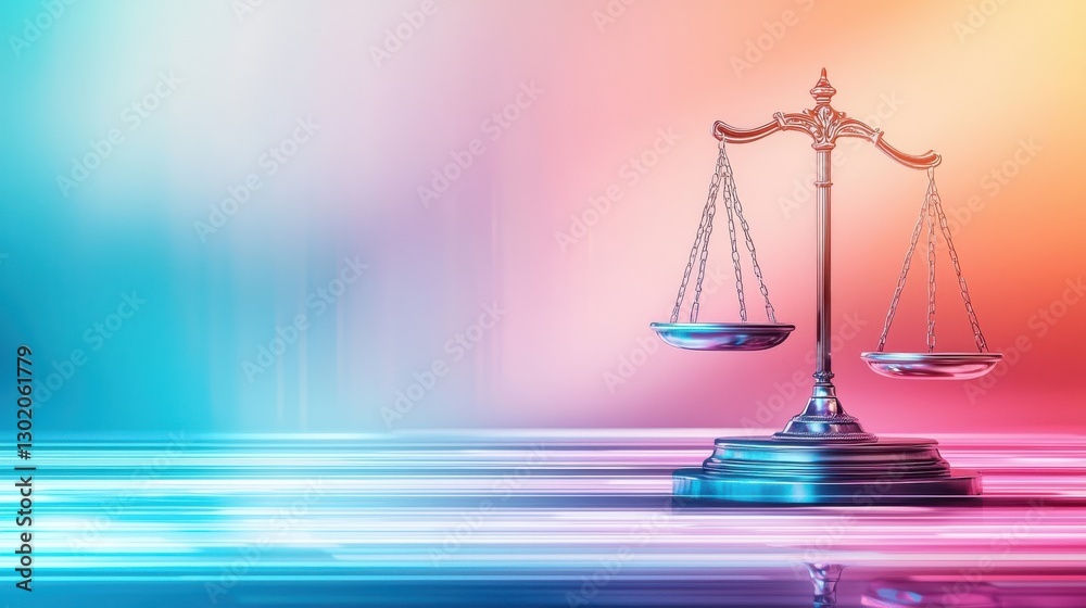 A vibrant representation of justice with balanced scales against a colorful backdrop. A vibrant representation of justice with balanced scales against a colorful backdrop.