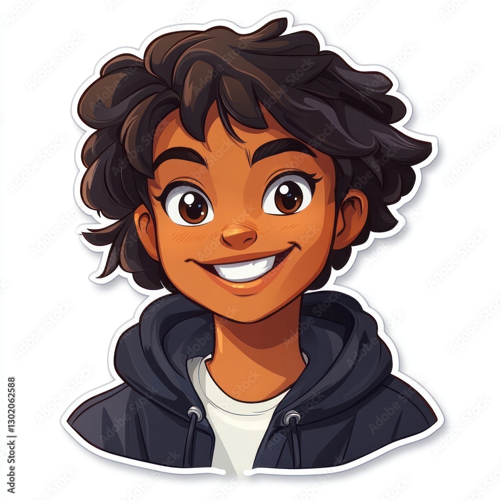 Joyful Cartoon Girl Portrait: A Vibrant Illustration of a Smiling Young Woman with Dark Curly Hair and a Hoodie Joyful Cartoon Girl Portrait: A Vibrant Illustration of a Smiling Young Woman with Dark Curly Hair and a Hoodie