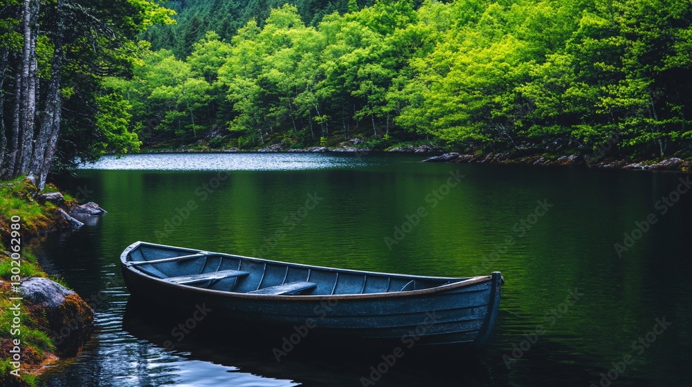 Serene lake boat, forest backdrop, tranquil escape Serene lake boat, forest backdrop, tranquil escape