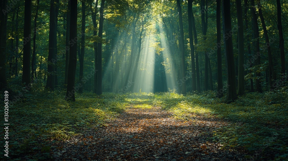 Obraz premium Golden leaves carpet the forest floor, blending shades of brown, yellow, and green. Sunlight filters through the canopy, casting dappled light on this autumn tapestry. 🍂🌳