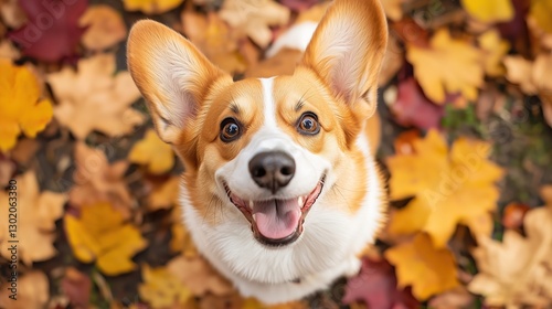 Happy Pembroke Welsh Corgi Dog Looking Up, Surrounded by Colorful Autumn Leaves, Cute Pet Portrait from Above