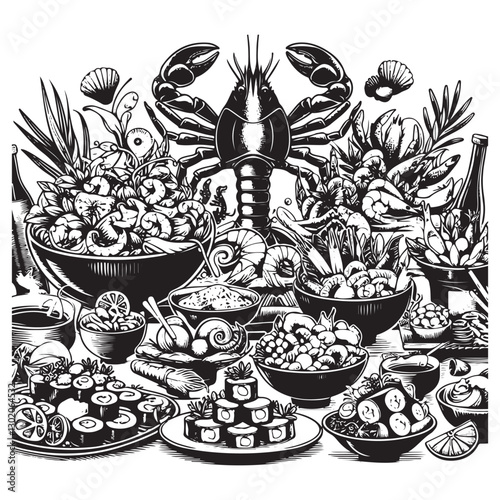 Festive seafood dishes food cooked modern delicacies with a presentation on the plate. Delicious dishes: salads and soups of shrimp, crab, mussels, baked fish, rolls, sushi, octopus vector