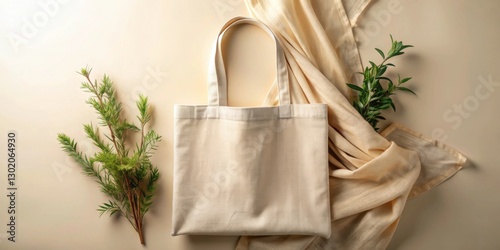 Elegant Neutral Tote Bag Surrounded by Soft Drapery and Greenery