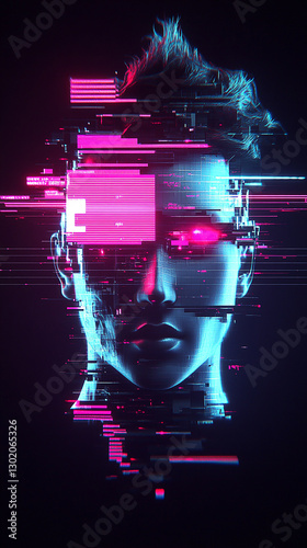 Futuristic digital portrait of a humanoid figure with glitch effects and neon colors