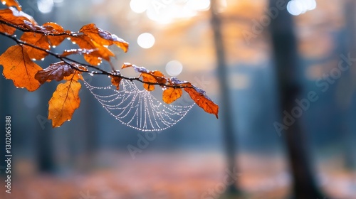 Dew-kissed spiderweb on autumn branch, misty forest