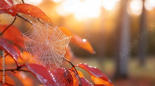 Dew-kissed spiderweb on autumn leaves at sunrise