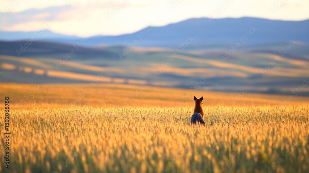 Fototapeta premium Dog gazing sunset, golden wheat field, mountains