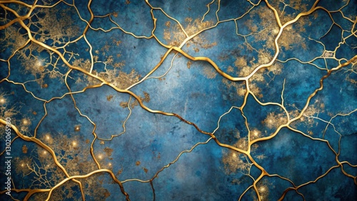 Abstract Blue Background with Golden Lines and Intricate Patterns